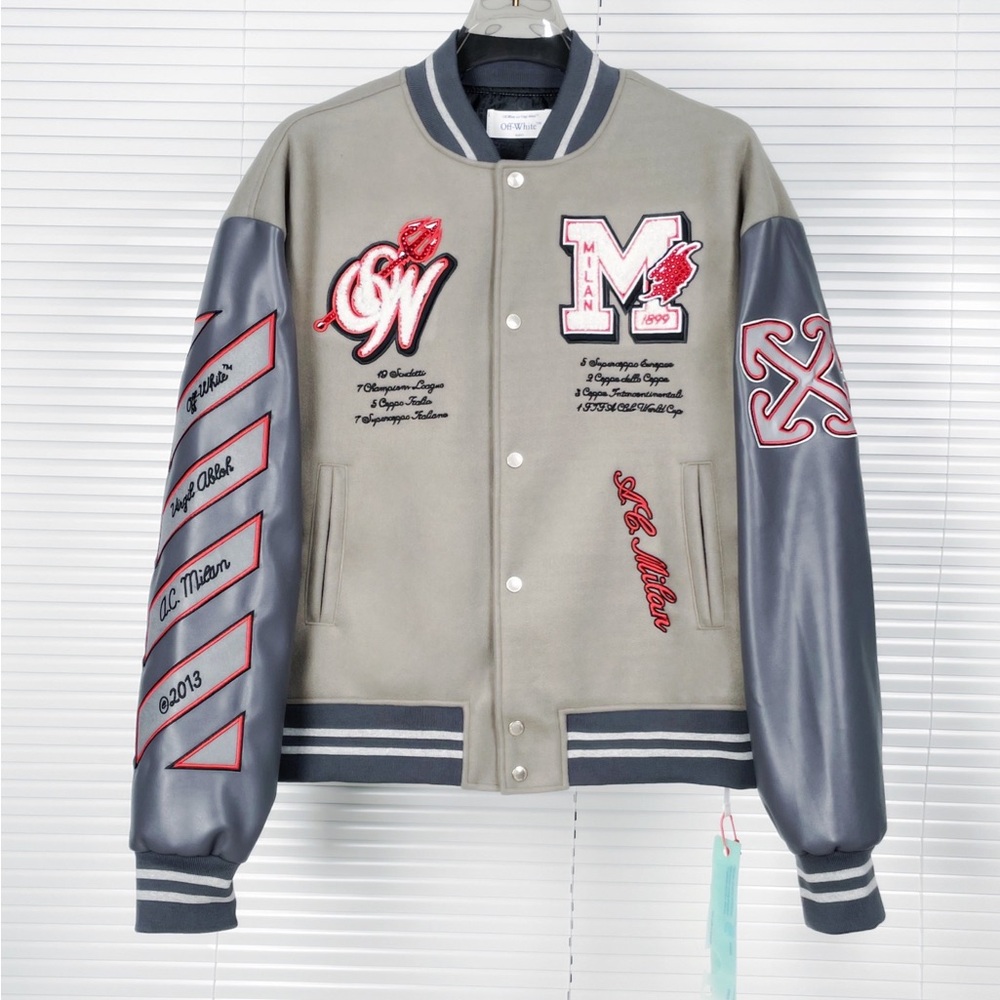 Off-White Grey and Navy Embroidered Varsity Bomber Jacket